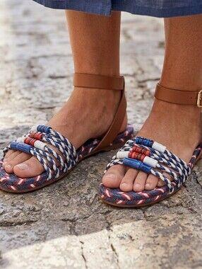 {Tory Burch} Nautical Flat Sandals - Red White Blue - Size 10.5